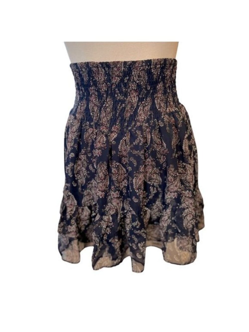 Aqua Women’s Skirt Size XS Desi Paisley Ruffled Mini Navy Elastic Waist Flowy